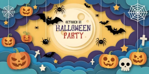 Halloween Party Paper-Cut Moon, Glowing Pumpkins & October 31 Invite Youtube Cover Design Template