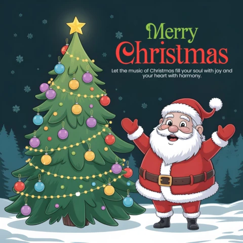 Merry Christmas Santa with Tree Under Starry Sky and Musical Greeting of Joy and Harmony Poster Design Template