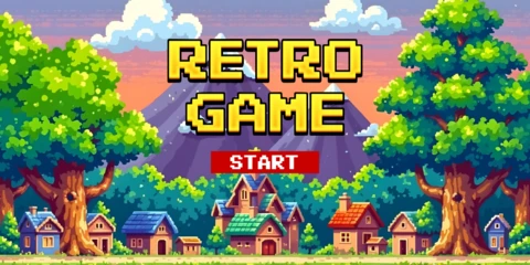 Modèle d'écran de démarrage de jeu rétro avec village en pixel art
