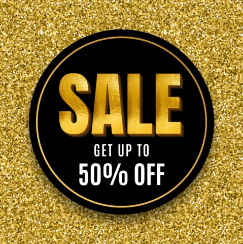 Gold Glitter Sale Template Design for Discounts Up to 50%
