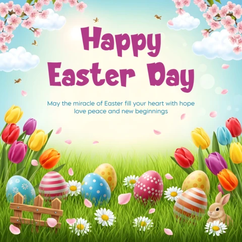 Cartel de saludo del día de Pascua — cesta de huevos, flores, mariposas e ilustración decorativa colorida de la festividad.