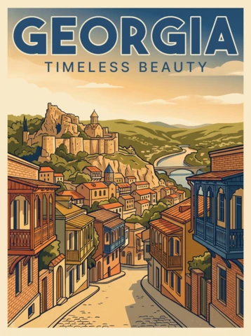 Georgia Retro Vintage Tourism Poster Timeless Beauty Scenic Architecture Fortress Church River Valley Mountains Sunrise Sunset Artwork
