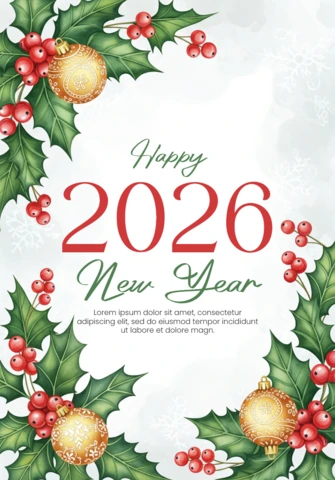 Watercolor Happy New Year 2026 Card Holly Leaves, Red Berries, and Golden Ornament Accents