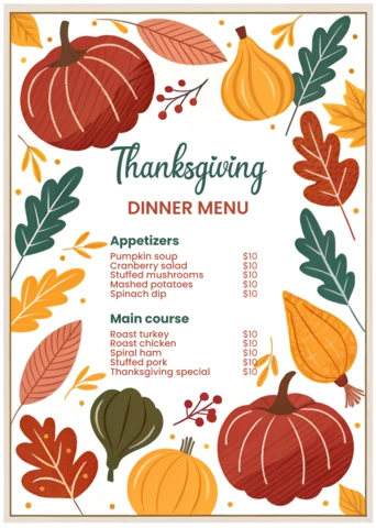 Modèle de menu de dîner de Thanksgiving avec des feuilles d'automne et des citrouilles pour des événements festifs