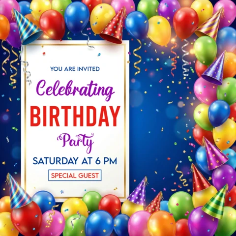 Happy Birthday Celebration Poster Blue Background with Balloons, Party Hats, and Joyful Event Announcement