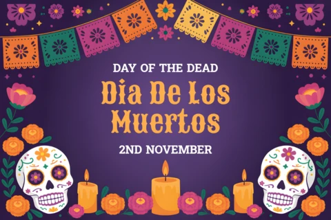 Day of The Dead Celebration Template with Colorful Skulls and Floral Design for Event Invitations