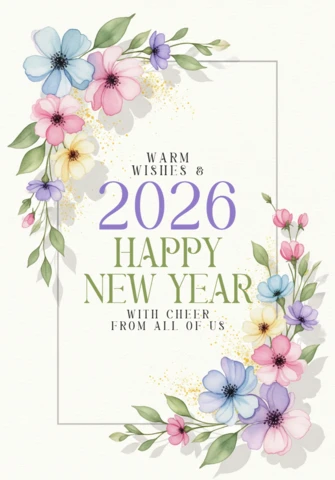 Neujahrskarte 2026 mit bunten Blumen, grünen Blättern und Feierbotschaft