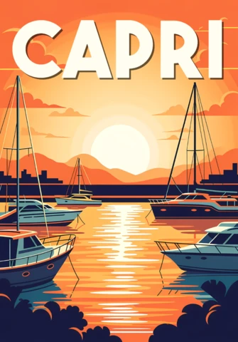 Template de design de pôr do sol retro capri para cartazes de viagem