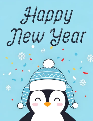 Carina template di design di pinguino per biglietto di auguri di felice anno nuovo