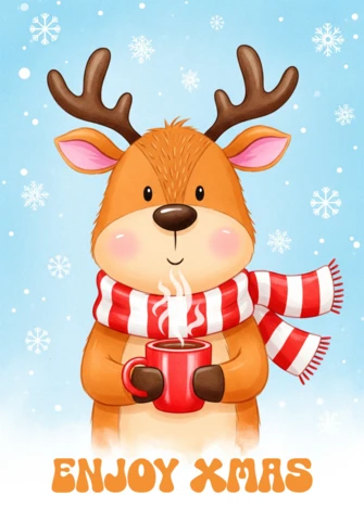 Christmas Greeting Card Reindeer in Striped Scarf Holding Hot Cocoa Mug with Enjoy Xmas Message On Snowy Blue