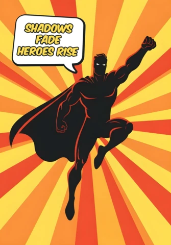 Shadows Fade Heroes Rise Dynamic Superhero Silhouette with Radial Background Poster Design Template