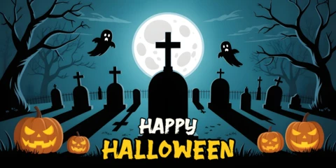Notte di Halloween spettrale alberi contorti, lapidi e template di design per copertina di youtube di dolcetto o scherzetto