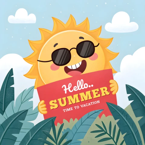 Modelo de design de férias de verão divertido com ilustração de sol alegre