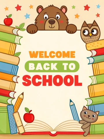 Back to School Design Template with Cute Animals and Colorful Books for Educational Posters