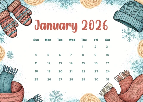 Plantilla de calendario invernal acogedora con diseño de accesorios de punto para 2026