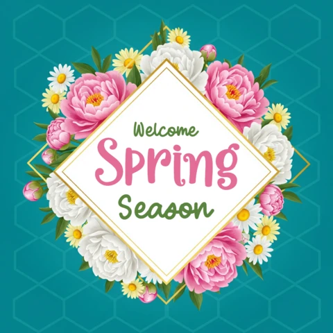 Plantilla de diseño de cartel de bienvenida a la temporada de primavera con flores decorativas, hojas verdes y tipografía juguetona.