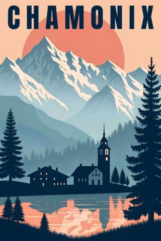Chamonix Mountain Landscape Retro Design Template for Posters