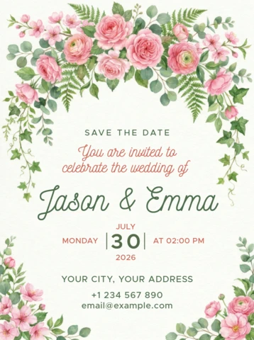 Elegant Pink Rose Wedding Invitation Card Template with Romantic Floral Arch and Botanical Greenery Design