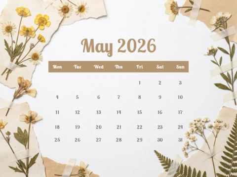 Affiche du calendrier mensuel de mai 2026 - décoration de fleurs et feuilles pressées botaniques