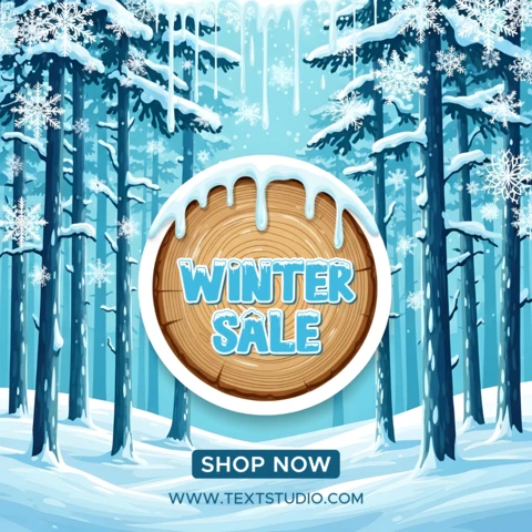 Template di design per la vendita invernale con sfondo di foresta innevata per volantini promozionali