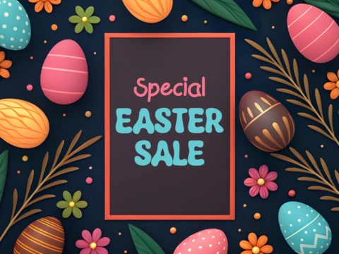 Colorida plantilla de diseño de venta de Pascua con huevos festivos y detalles florales