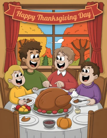Family Dinner Scene with Red Curtains, Fruit Bowl & Smiling Faces Thanksgiving Greeting Card Banner Design Template
