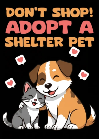 Modèle de design d'adoption d'animaux de compagnie ludique pour t-shirt mettant en vedette un chien et un chat mignons.