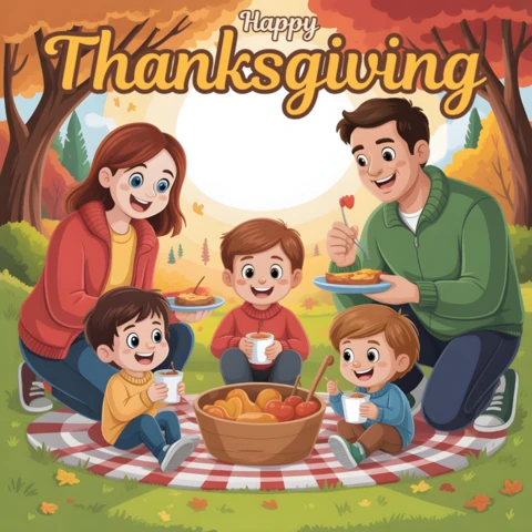 Festive Thanksgiving Card Joyful Picnic Scene with Smiling Children, Pumpkins & Sunny Sky Banner Design Template