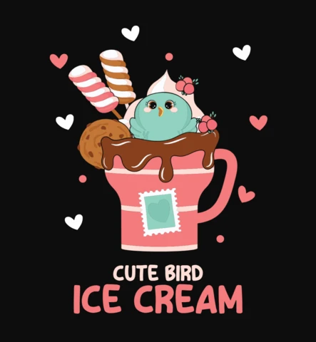 Kawaii Bird Ice Cream Valentine's T-Shirt Design