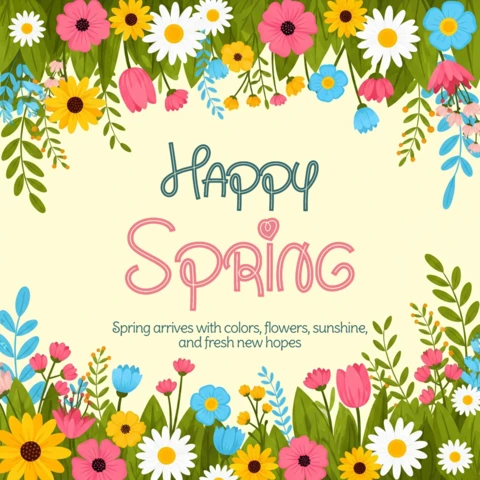 Plantilla de diseño de banner de primavera floral con flores coloridas, borde decorativo y vibras frescas de temporada.