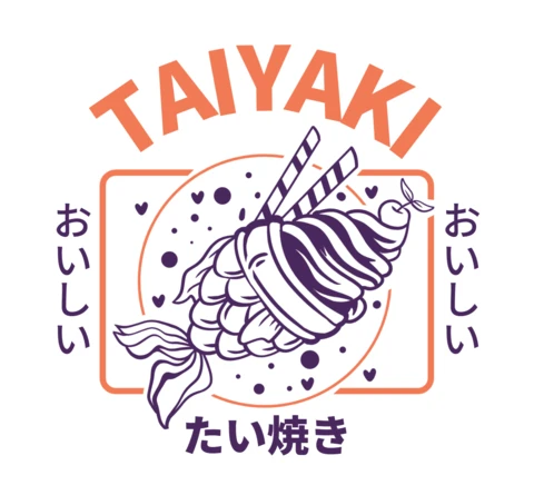 Diseño de camiseta con taiyaki, un delicioso pastel de pescado japonés con helado, tipografía linda y vibras de dulce.