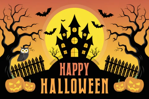 Template de design de Halloween assustador com casa assombrada para convites de festa