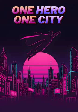 One Hero One City Neon Skyline with Flying Superhero & Retro Sun Poster Design Template