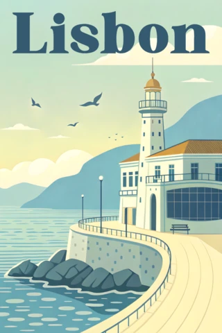 Lissabon vuurtoren vintage ontwerp sjabloon voor reisposters