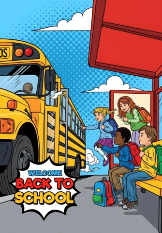 Bem-vindos de volta à escola, alunos, no ponto de ônibus com o ônibus escolar amarelo e o design de cartaz com explosão de quadrinhos.