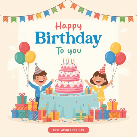 Pôster decorativo de aniversário feliz para crianças com balões, bolo, confete e mensagem de aniversário alegre