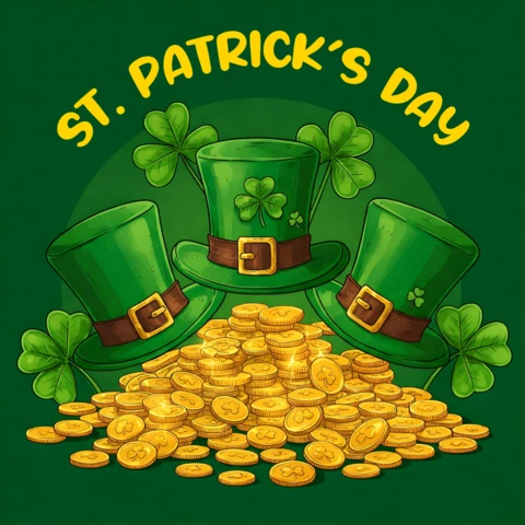 St. Patrick's Day Celebration Design Template with Leprechaun Hats and Gold Coins