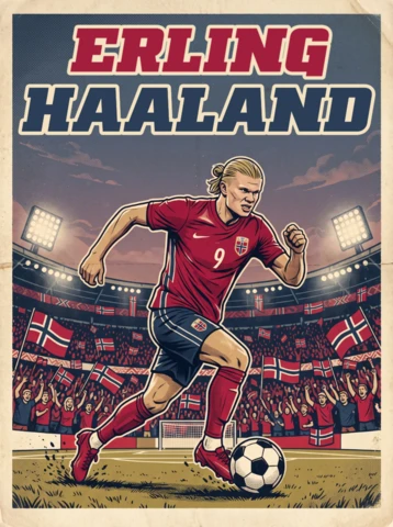 Erling Haaland Norwegia ikona piłki nożnej vintage retro bohater drużyny narodowej biegnący z piłką stadion plakat ilustracja 2026