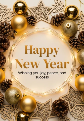 New Year Greeting Template Festive Design with Wooden Snowflakes and Warm Holiday Glow