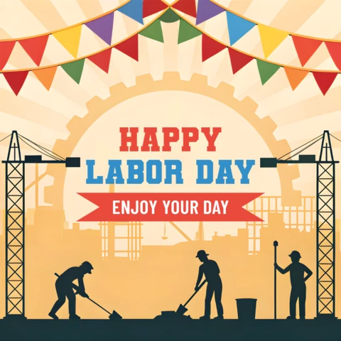 Labor Day Celebration Design Template with Festive Banners and Silhouettes