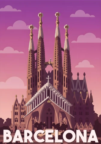 Barcelona Sagrada Família Basilica At Dusk with Pink-Purple Sky Travel Posters Design Template