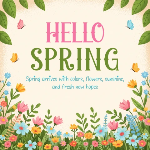 Plantilla de diseño de cartel para la celebración de primavera con borde floral, fondo degradado beige y cita motivacional.
