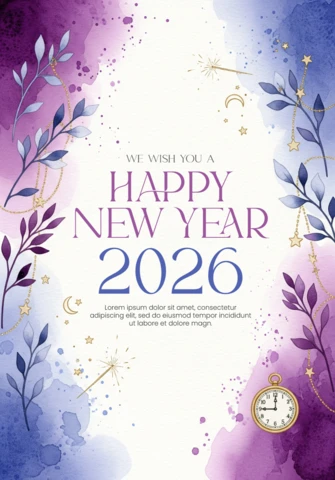 Watercolor Happy New Year Card 2026 Celebration with Starry Night Theme and Countdown Clock