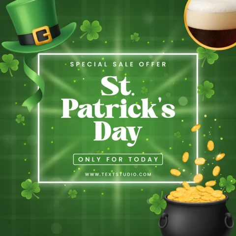 St. Patrick’s Day Sale Poster Design Template with Shamrocks, Leprechaun Hat, and Pot of Gold