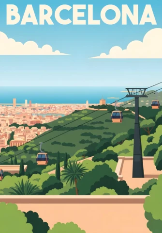 Barcelona Scenic Cable Cars Over Green Hills & Coastal City View Travel Posters Design Template