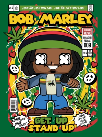 Bob marley personaje de dibujos animados plantilla de diseño de portada de revista