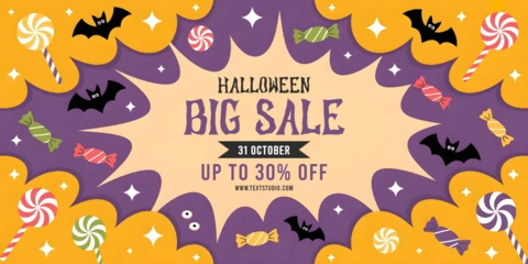 Happy Halloween Purple & Orange Theme with Big Sale Announcement YouTube Cover Design Template