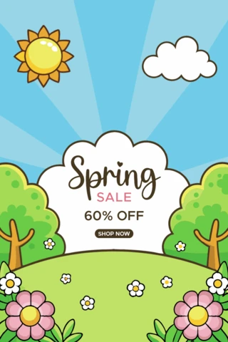 Modèle de vente de printemps - style bande dessinée ludique avec des fleurs et du soleil
