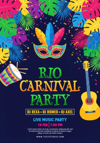 Rio Carnival Party Poster Dark Blue Background with Mask, Drum, Guitar, and Tropical Leaves
