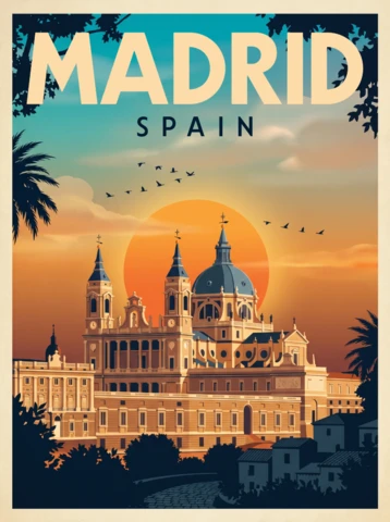 Vintage Retro Spanien Reise Wandkunstdruck Madrid Kathedrale Poster malerischer Sonnenuntergang Skyline Kuppeln Türme Palmen Landschaft